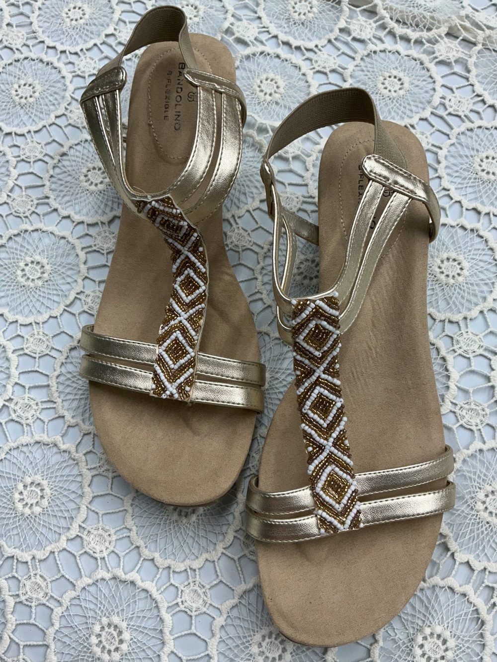 Bandolino Metallic Gold Beaded T-Strap Sandals